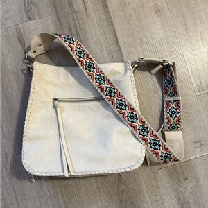 White Crossbody Bag with Patterned Strap